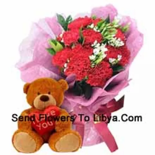 Bunch Of 12 Red Carnations With Seasonal Fillers Along With A Cute 12 Inches Tall Brown Teddy Bear