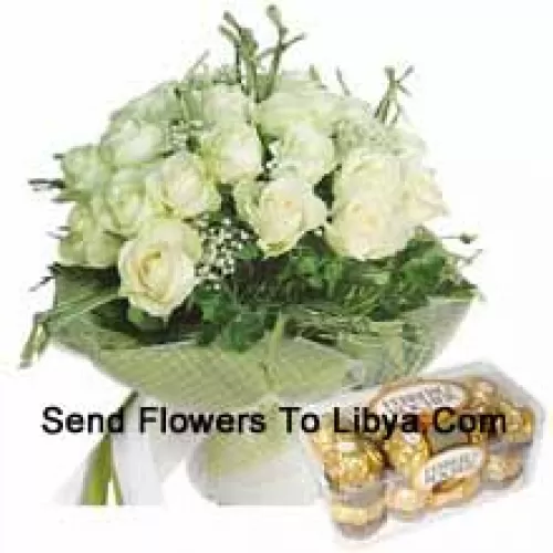 Bunch Of 18 White Roses With Seasonal Fillers Along With 16 Pcs Ferrero Rochers