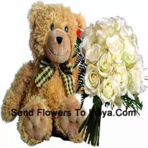 Bunch Of 18 White Roses With Seasonal Fillers Along With A Cute 14 Inches Tall Brown Teddy Bear