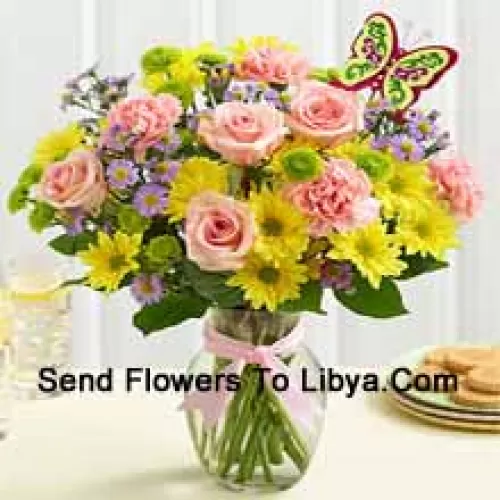 Pink Roses, Pink Carnations And Yellow Gerberas With Seasonal Fillers In A Glass Vase -- 24 Stems And Fillers