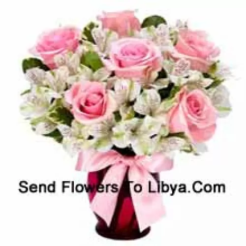 Pink Roses And White Alstroemeria Arrannged Beautifully In A Glass Vase