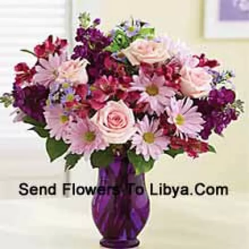 Pink Roses, Pink Gerberas And Other Assorted Flowers Arranged Beautifully In A Glass Vase -- 24 Stems And Fillers