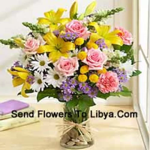 Pink Roses, Pink Carnations, White Gerberas And Yellow Lilies With Seasonal Fillers In A Glass Vase