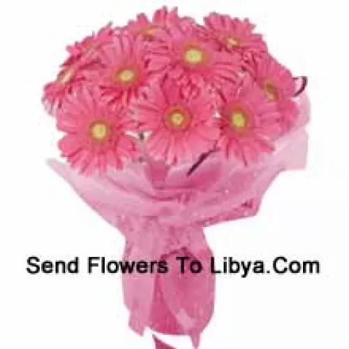 A Beautiful Hand Bunch Of 12 Pink Gerberas With Seasonal Fillers