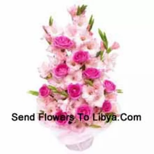 Basket Of Pink Roses And Gladiolus