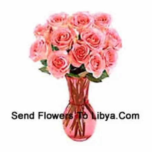 12 Pink Roses In A Glass Vase