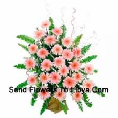 Basket Of 24 Pink Colored Gerberas