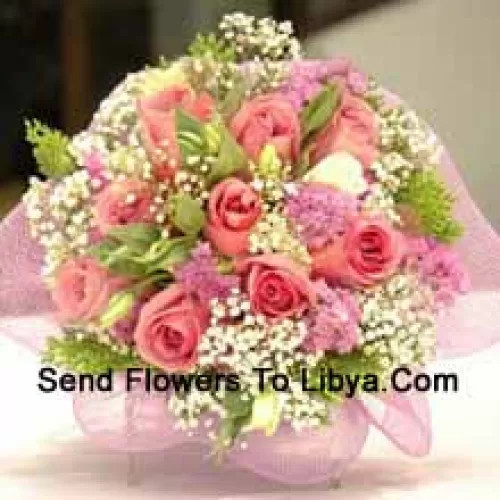 Bunch Of 12 Pink Roses With Fillers