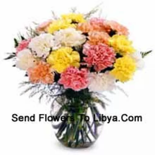 12 Mixed Colored Carnations In A Vase