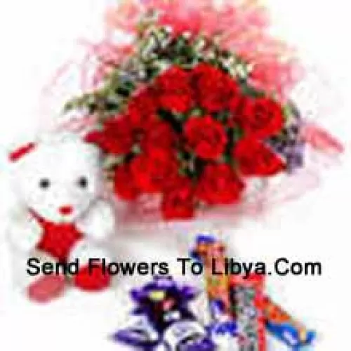 Bunch Of 12 Red Roses With Assorted Chocolate And A Cute Teddy Bear