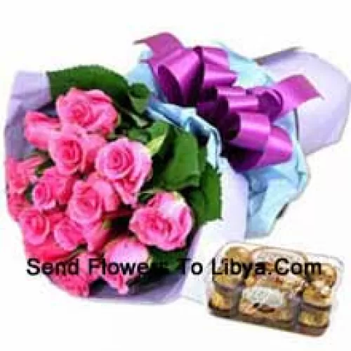 Bunch Of 12 Pink Roses With 16 Pcs Ferrero Rocher