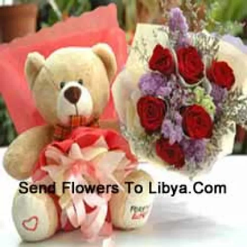 Bunch Of 6 Red Roses And A Medium Sized Cute Teddy Bear