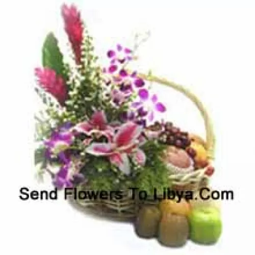 Basket Of 4 Kg (8.8 Lbs) Assorted Fresh Fruit Basket With Assorted Flowers