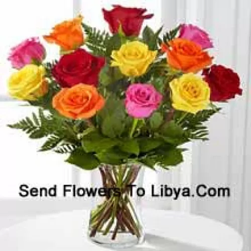 12 Mixed Colored Roses With Some Ferns in A Vase