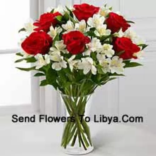 6 Red Roses With Assorted White Flowers And Fillers In A Glass Vase