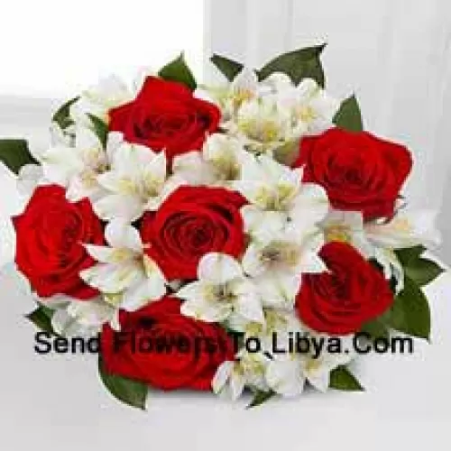 Bunch Of 6 Red Roses And Seasonal White Flowers