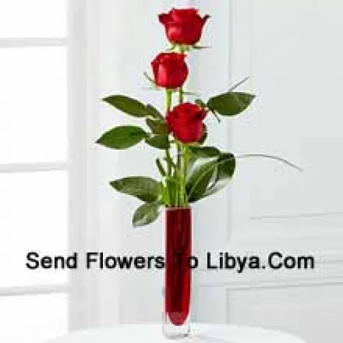 Three Red Roses In A Red Test Tube Vase (We Reserve The Right To Substitute The Vase In Case Of Non-Availability. Limited Stock)