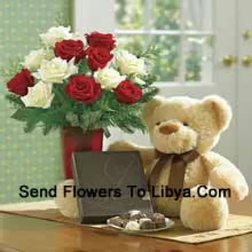 6 Red And 6 White Roses With Some Ferns In A Vase, A Cute Light Brown 10 Inches Teddy Bear And A Box Of Chocolates