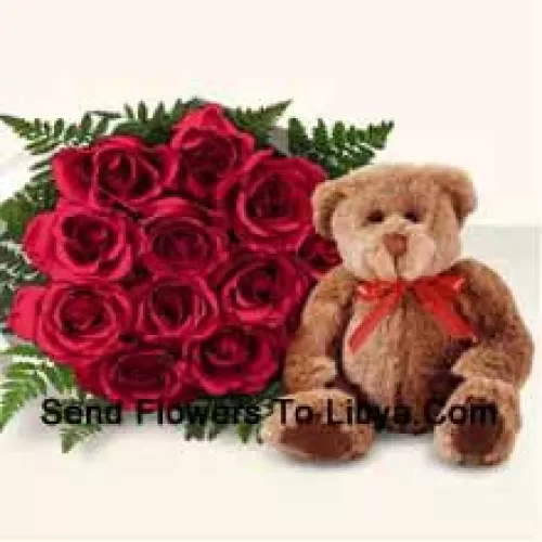 Bunch Of 12 Red Roses With A Cute Brown 8 Inches Teddy Bear